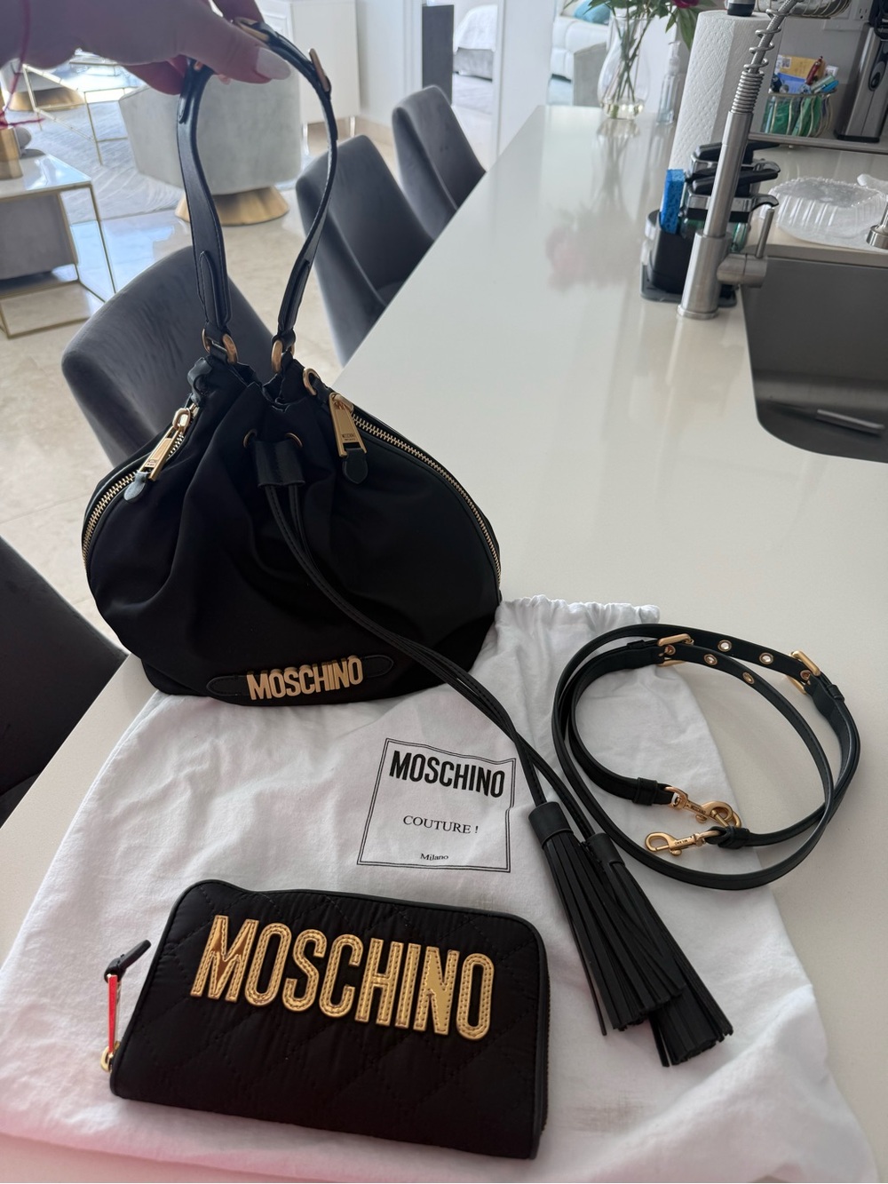 Moschino Leather Shoulder Drawstring Bag with Gold Logo and Tassel with wallet